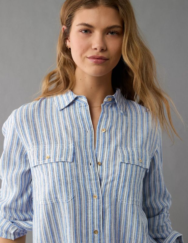 Camisa AE Manga Larga de Mezcla de Lino con Botones Estilo Fin de Semana