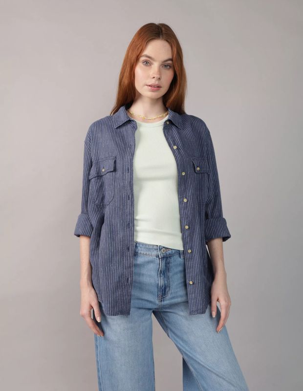 Camisa AE Manga Larga de Mezcla de Lino con Botones Estilo Fin de Semana