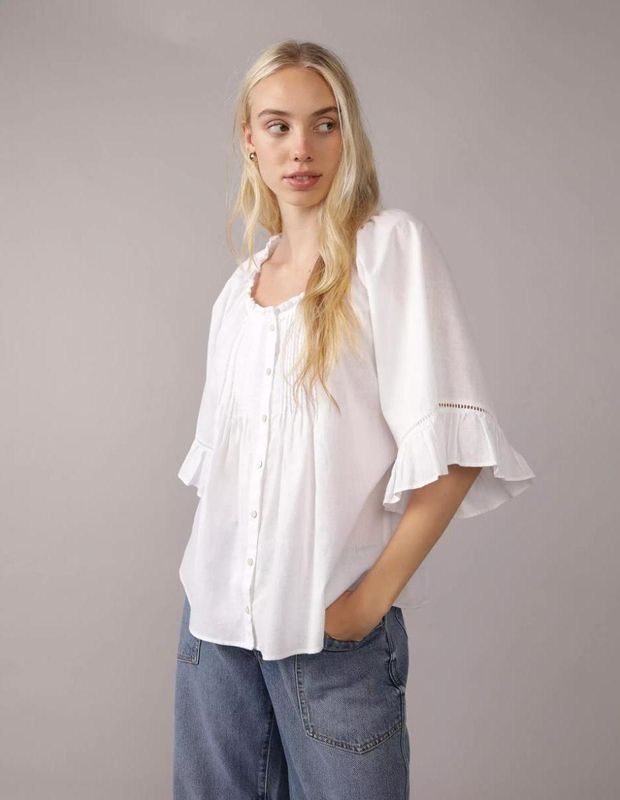 Blusa AE de Mezcla de Lino con Volante