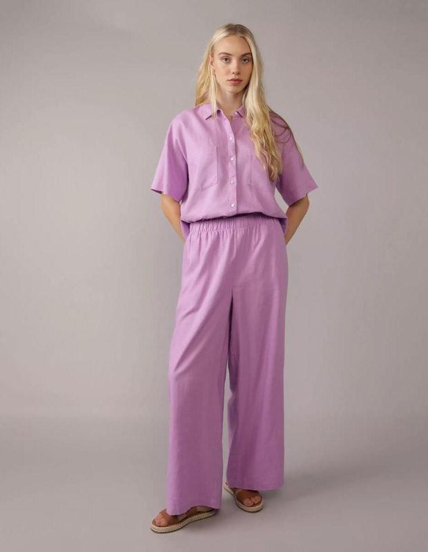 Camisa AE de Mezcla de Lino Manga Corta con Botones