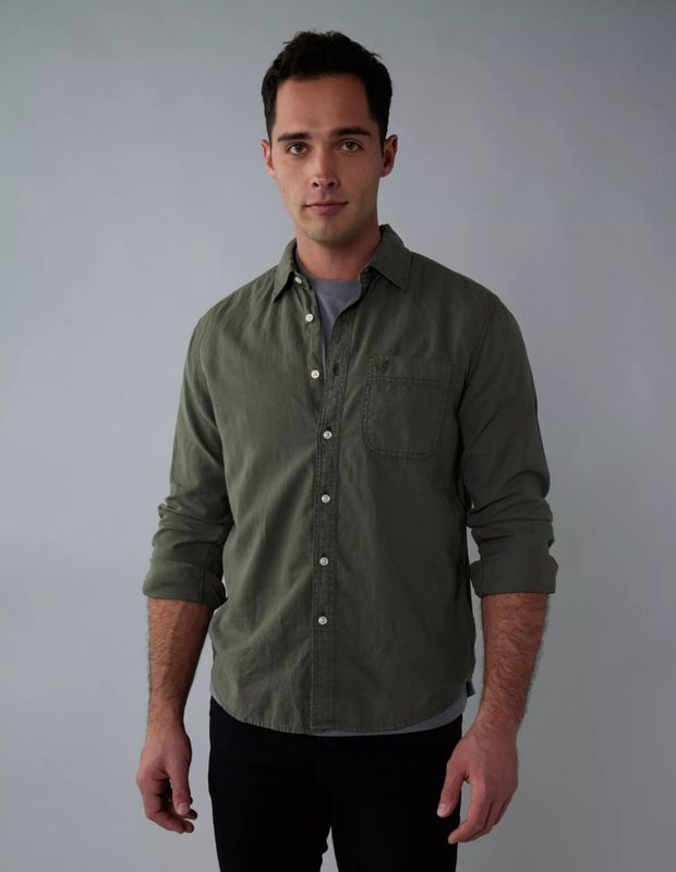 Camisa AE Manga Larga de Mezcla de Lino con Botones