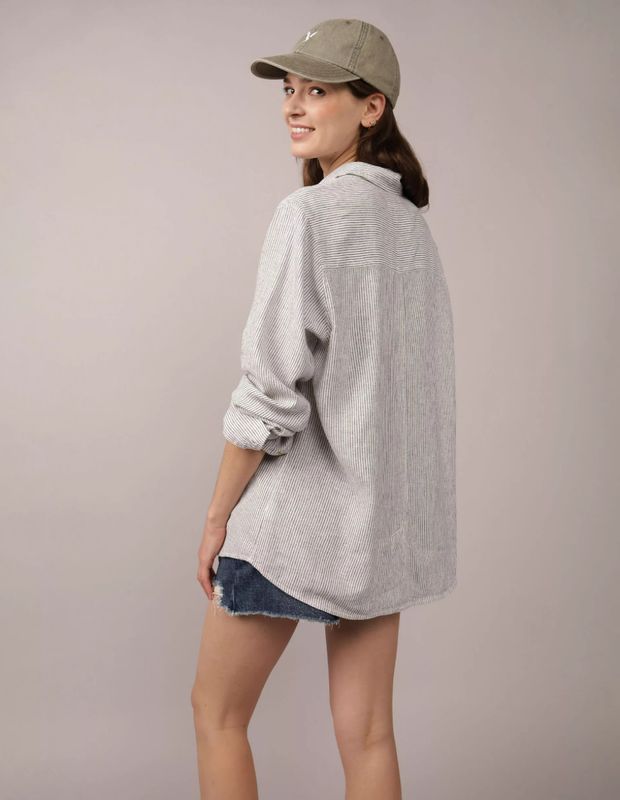 Camisa AE Manga Larga de Mezcla de Lino con Botones Estilo Fin de Semana