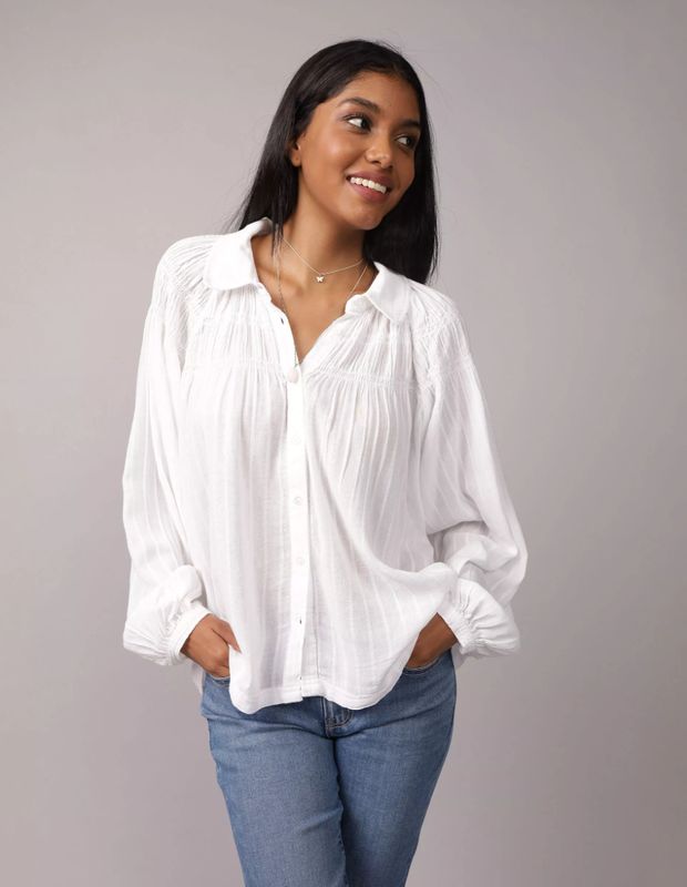 Blusa Ae con Lazo Mangas Abombadas y Cuello